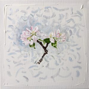 Natur Ikone, Apfel-Blüten-Zweig, Bleistift, Aquarell, Öl und Farbstift auf Leinwand, 30 x 30 cm, 